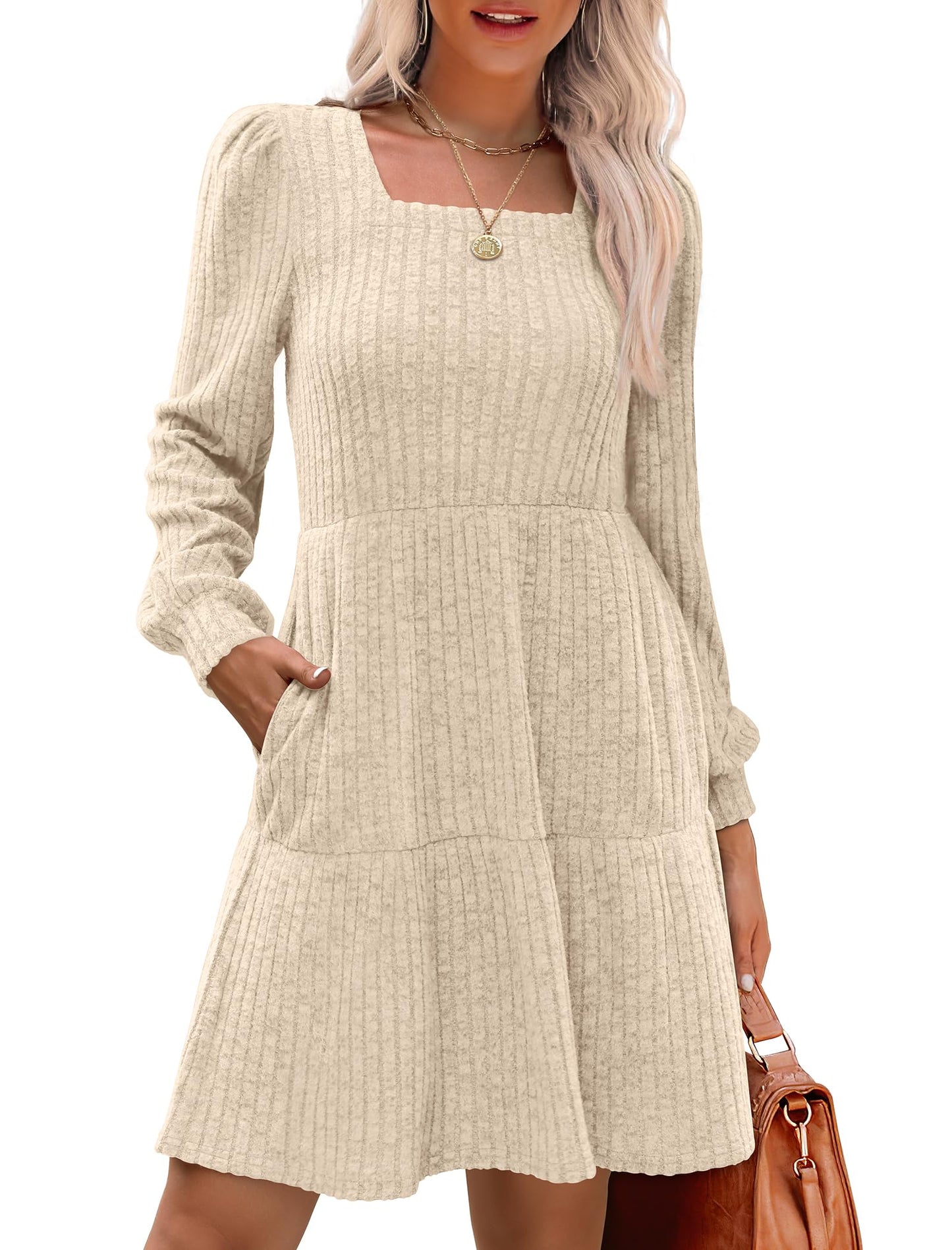 💖LAST DAY PROMOTION - 50%OFF 💖 Women's Square Neck Lantern Sleeve Ribbed Dress|Glow in Autumnal Elegance!🍁