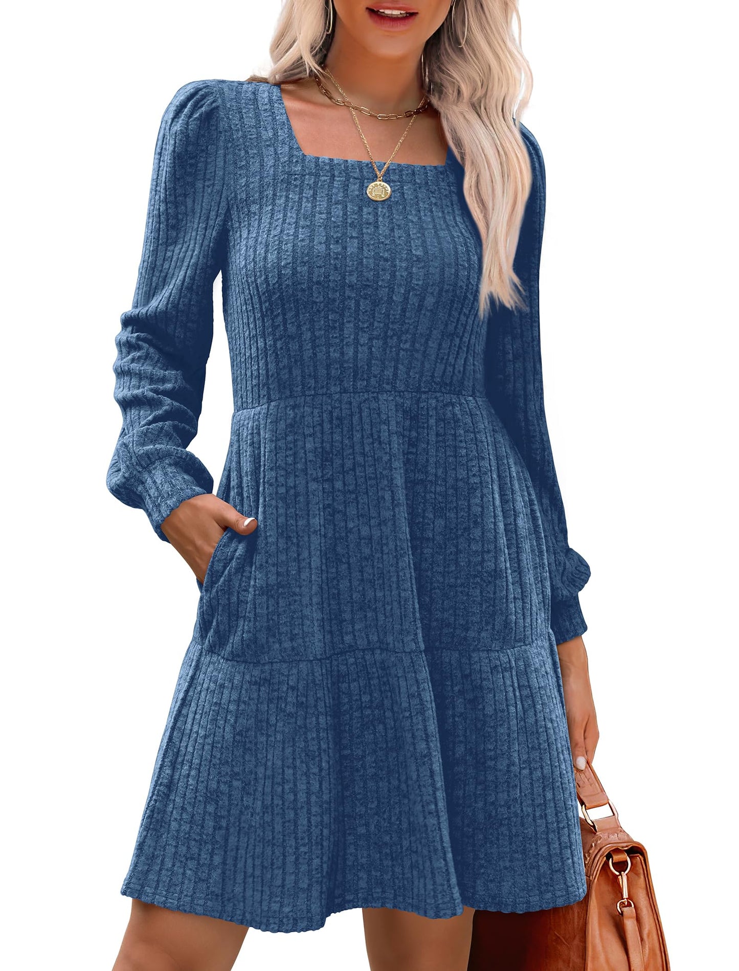 💖LAST DAY PROMOTION - 50%OFF 💖 Women's Square Neck Lantern Sleeve Ribbed Dress|Glow in Autumnal Elegance!🍁
