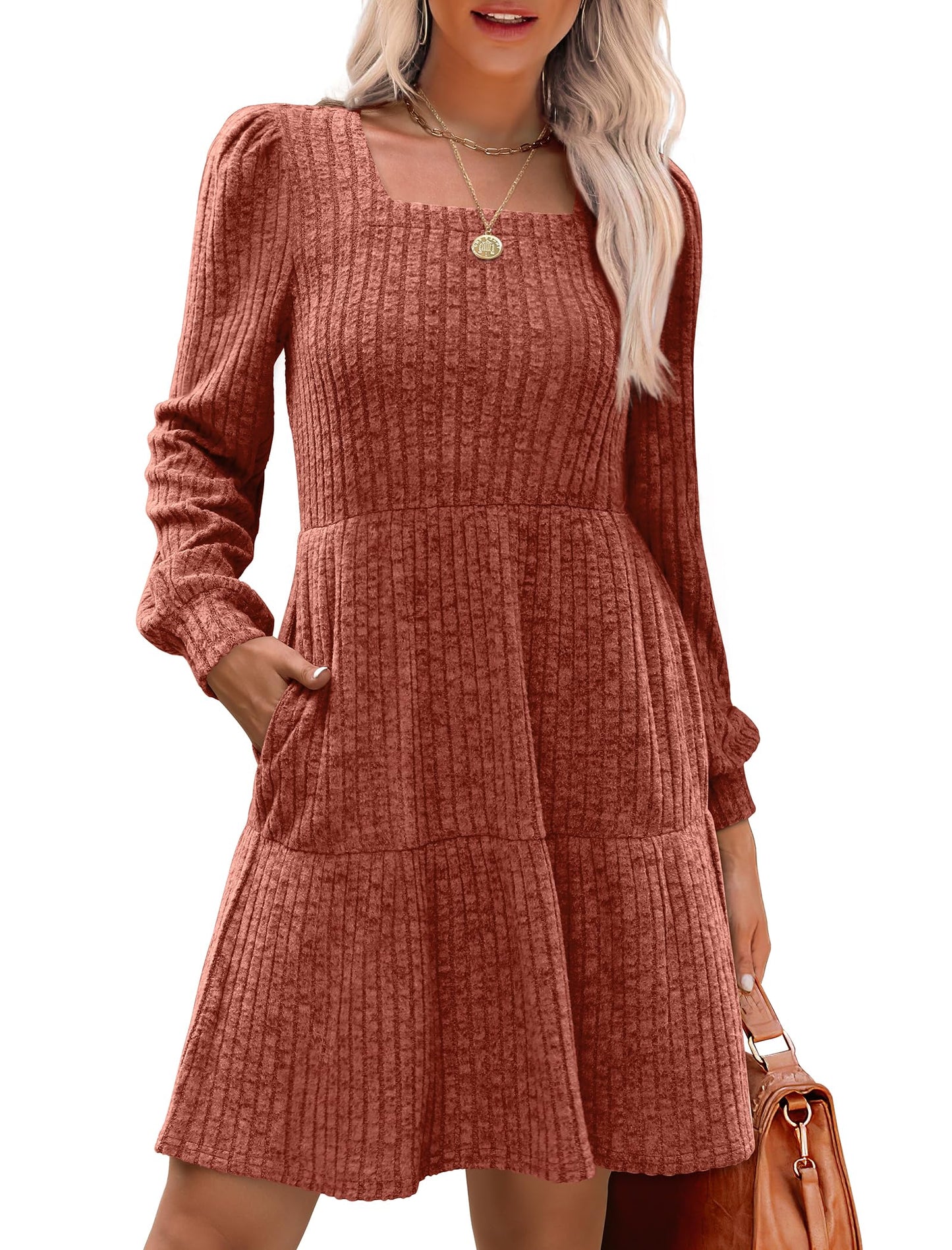 💖LAST DAY PROMOTION - 50%OFF 💖 Women's Square Neck Lantern Sleeve Ribbed Dress|Glow in Autumnal Elegance!🍁
