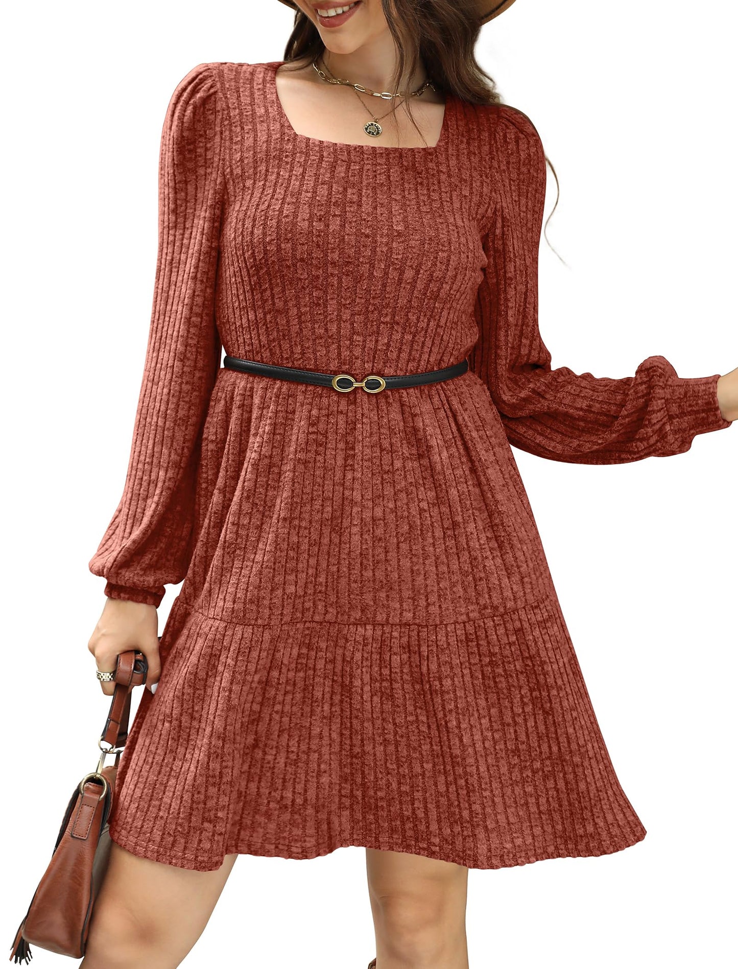 💖LAST DAY PROMOTION - 50%OFF 💖 Women's Square Neck Lantern Sleeve Ribbed Dress|Glow in Autumnal Elegance!🍁