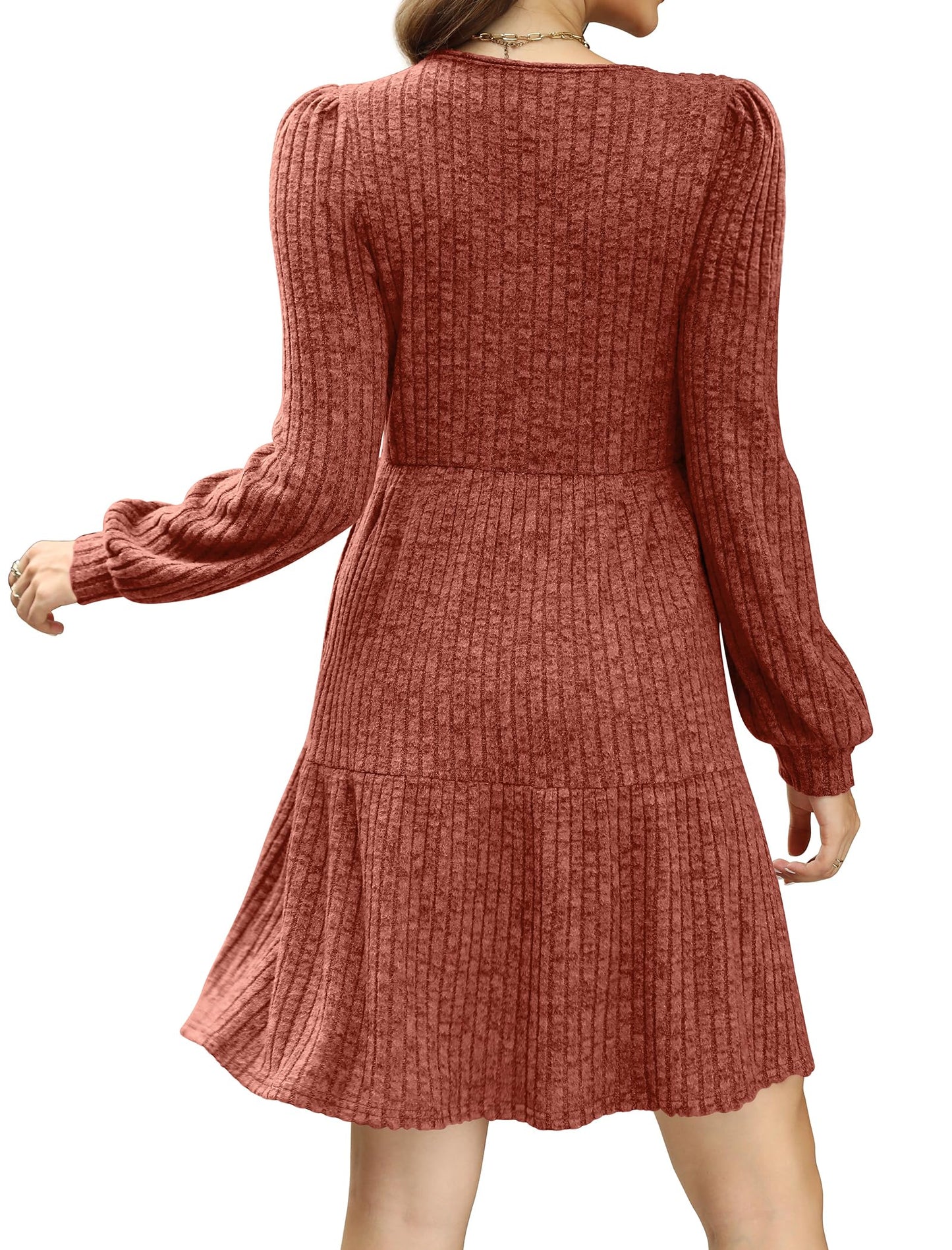 💖LAST DAY PROMOTION - 50%OFF 💖 Women's Square Neck Lantern Sleeve Ribbed Dress|Glow in Autumnal Elegance!🍁