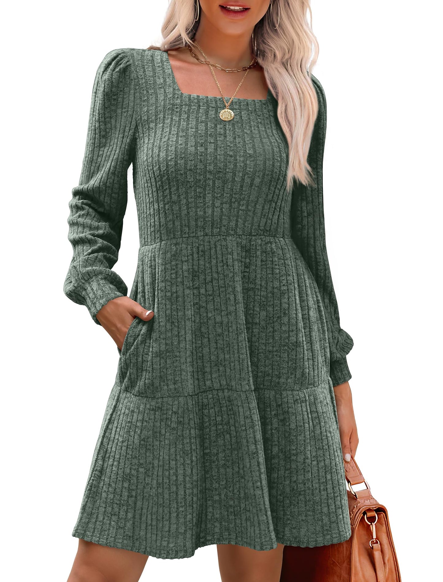 💖LAST DAY PROMOTION - 50%OFF 💖 Women's Square Neck Lantern Sleeve Ribbed Dress|Glow in Autumnal Elegance!🍁