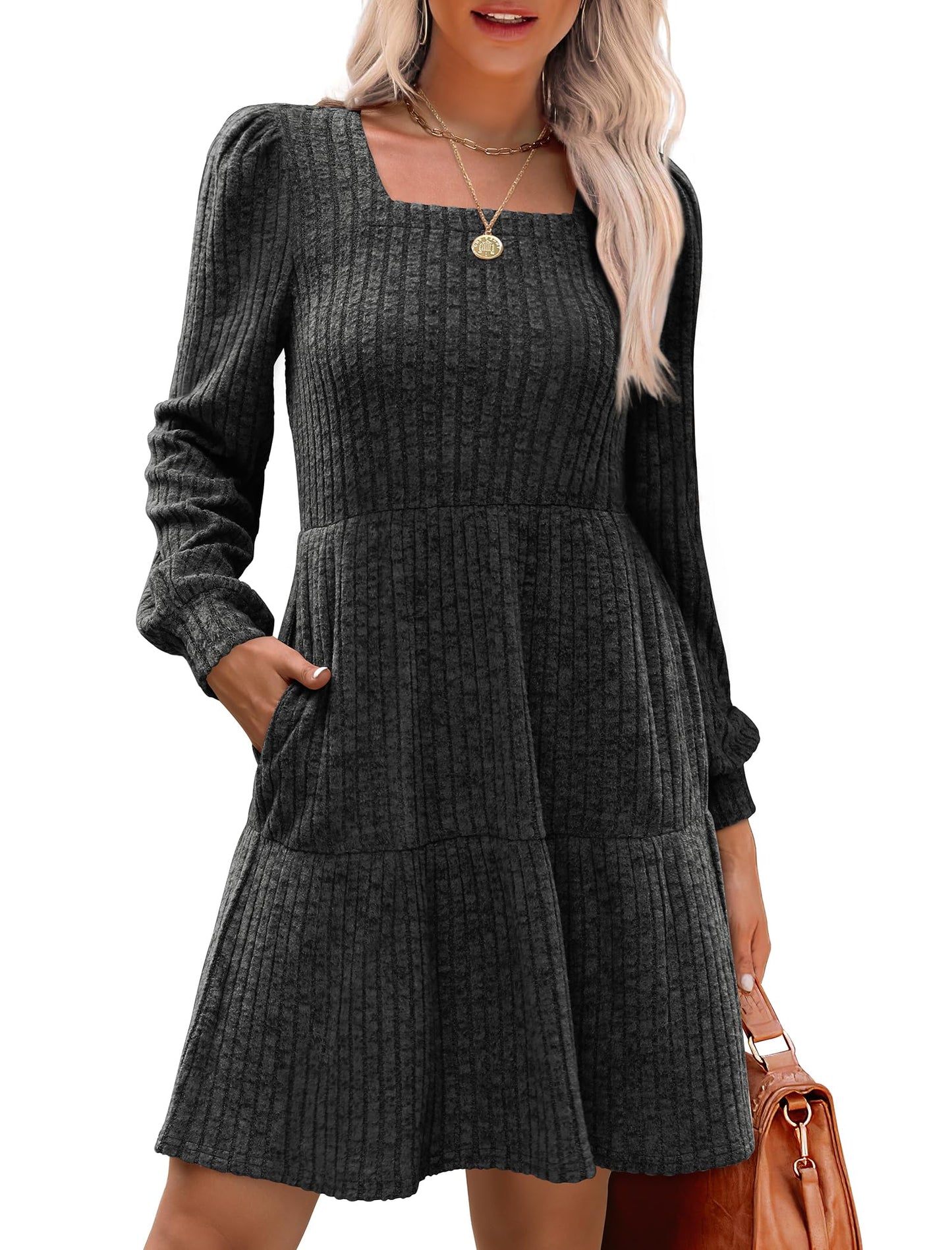 💖LAST DAY PROMOTION - 50%OFF 💖 Women's Square Neck Lantern Sleeve Ribbed Dress|Glow in Autumnal Elegance!🍁