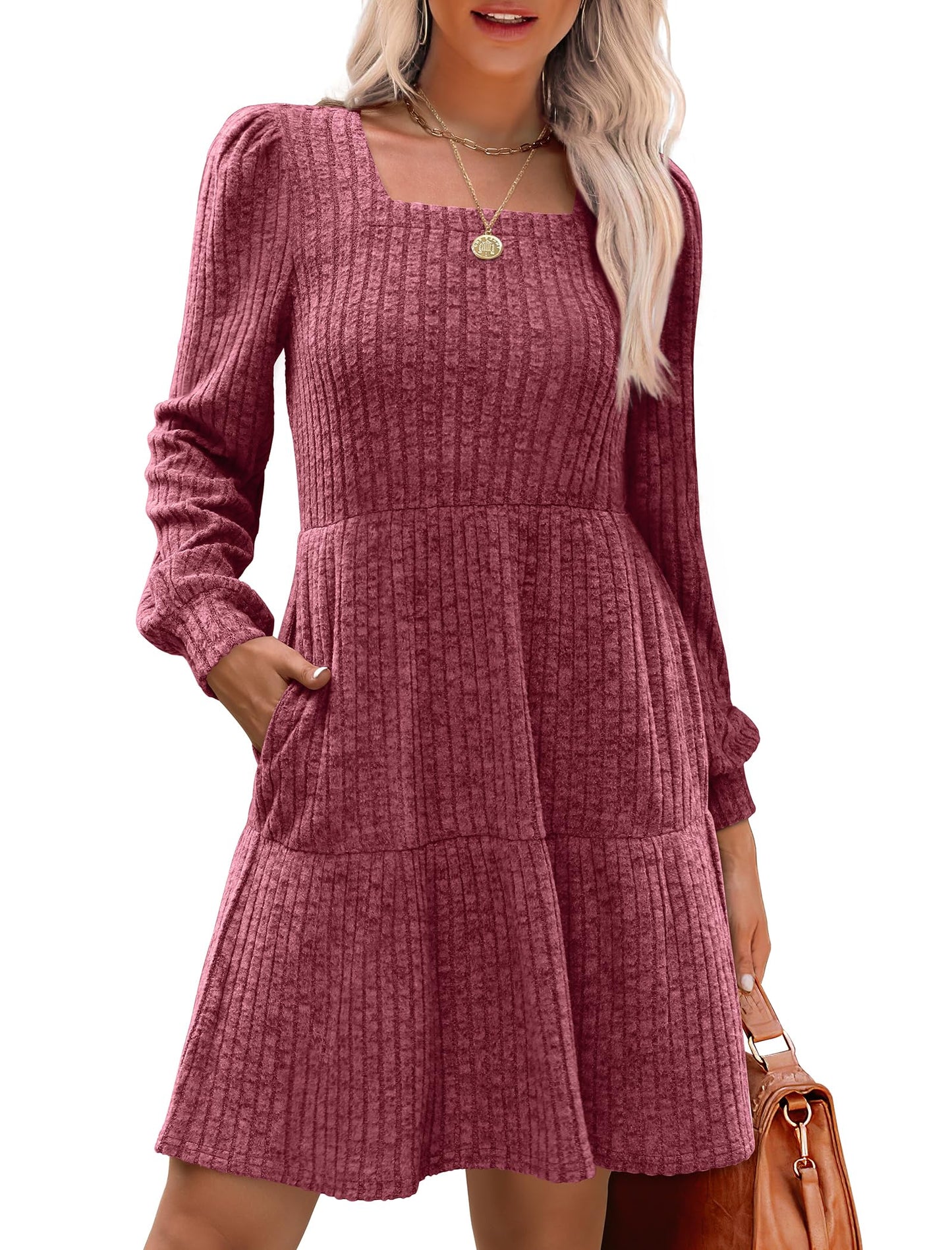 💖LAST DAY PROMOTION - 50%OFF 💖 Women's Square Neck Lantern Sleeve Ribbed Dress|Glow in Autumnal Elegance!🍁
