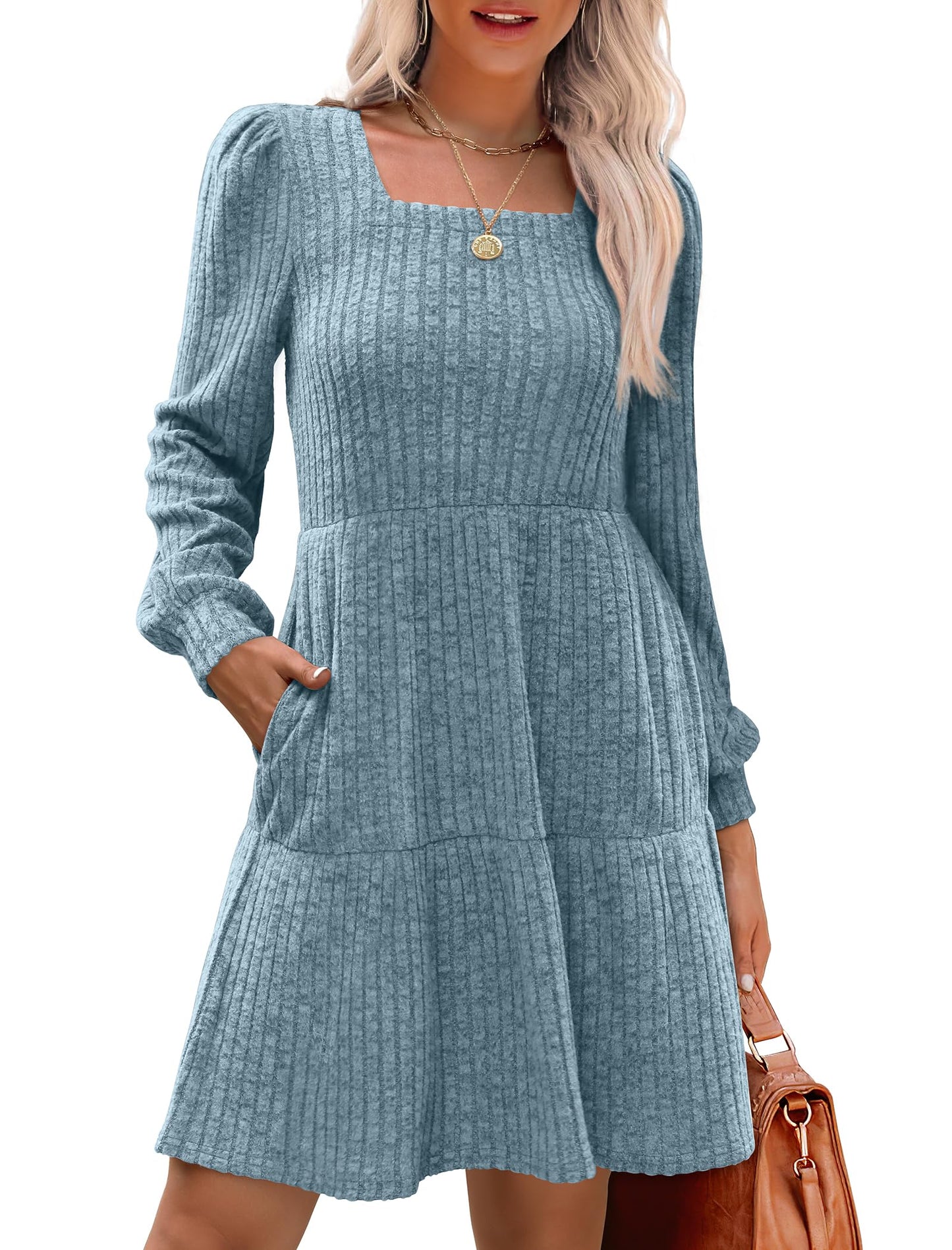 💖LAST DAY PROMOTION - 50%OFF 💖 Women's Square Neck Lantern Sleeve Ribbed Dress|Glow in Autumnal Elegance!🍁