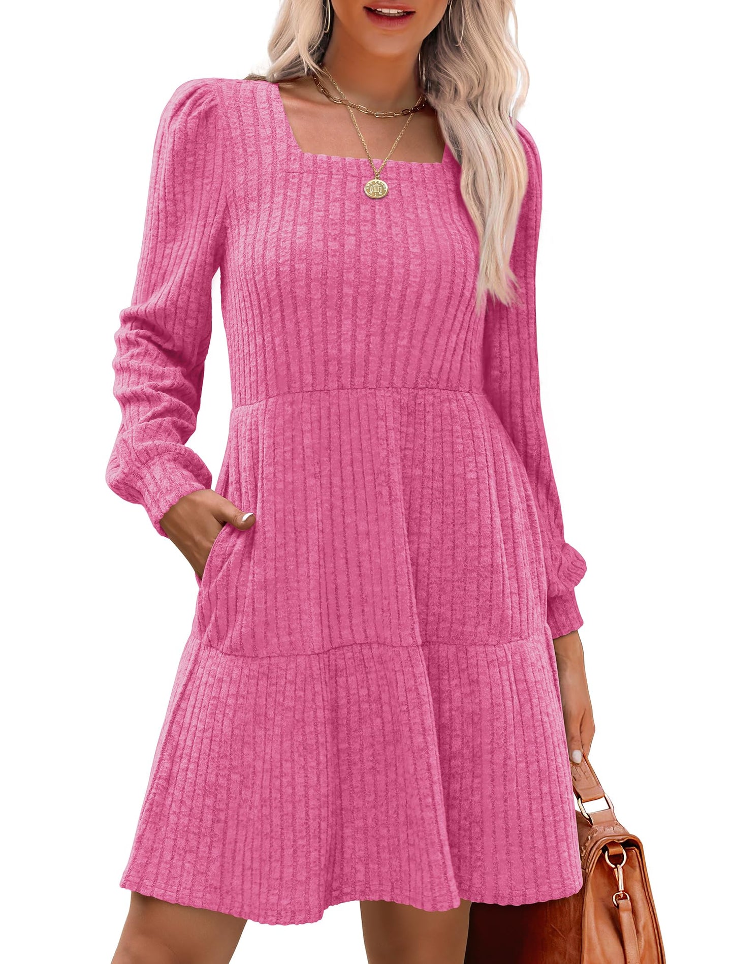 💖LAST DAY PROMOTION - 50%OFF 💖 Women's Square Neck Lantern Sleeve Ribbed Dress|Glow in Autumnal Elegance!🍁
