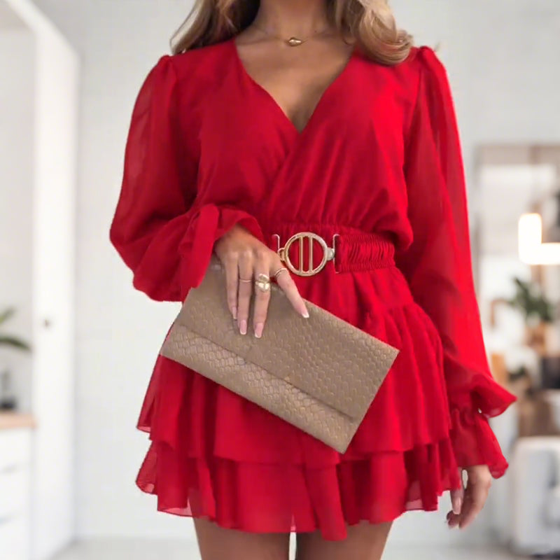 Women's Fashion Long Sleeve V-Neck Mini Dress