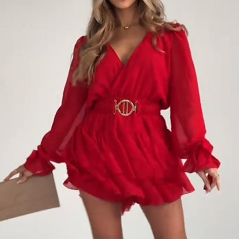 Women's Fashion Long Sleeve V-Neck Mini Dress