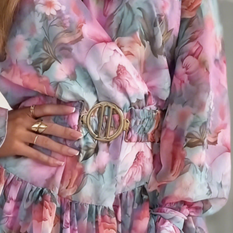 Women's Fashion Long Sleeve V-Neck Mini Dress