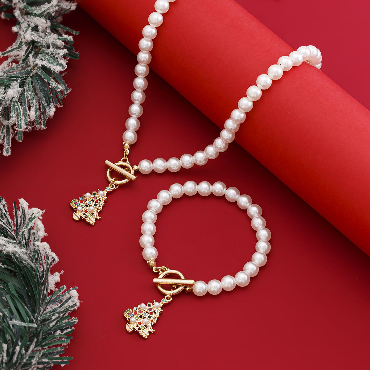 Pearl Necklace And Bracelet Set With Cherry Charm