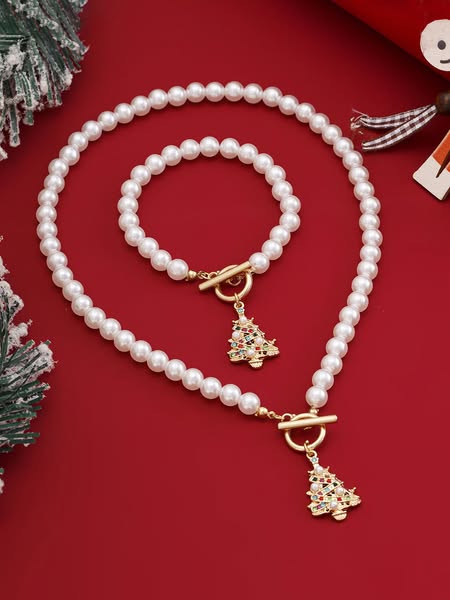 Pearl Necklace And Bracelet Set With Cherry Charm