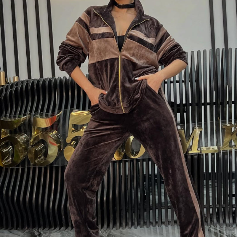 🔥 55% OFF Today! Velvet Striped Patchwork 2-Piece Set – Luxurious Comfort Meets Effortless Chic!