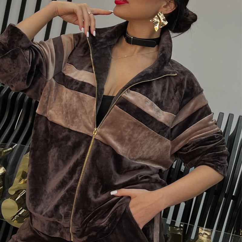 🔥 55% OFF Today! Velvet Striped Patchwork 2-Piece Set – Luxurious Comfort Meets Effortless Chic!