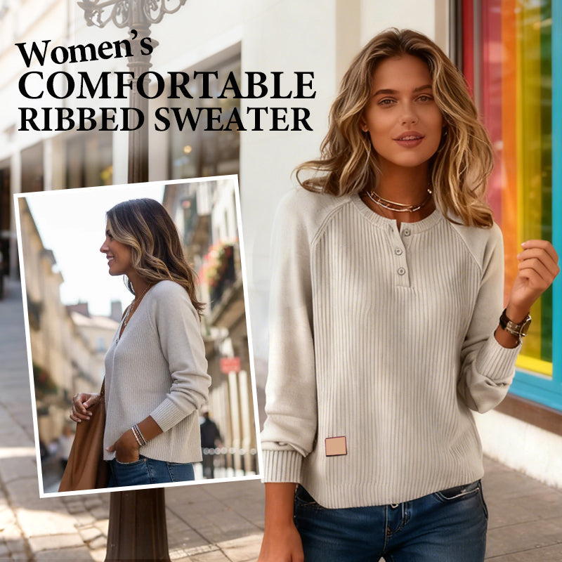 Women’s Comfortable Ribbed Sweater: Half-Buttoned Placket Design