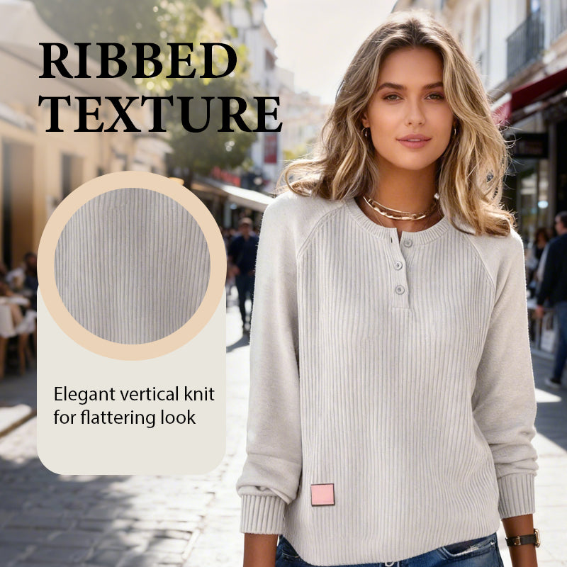 Women’s Comfortable Ribbed Sweater: Half-Buttoned Placket Design
