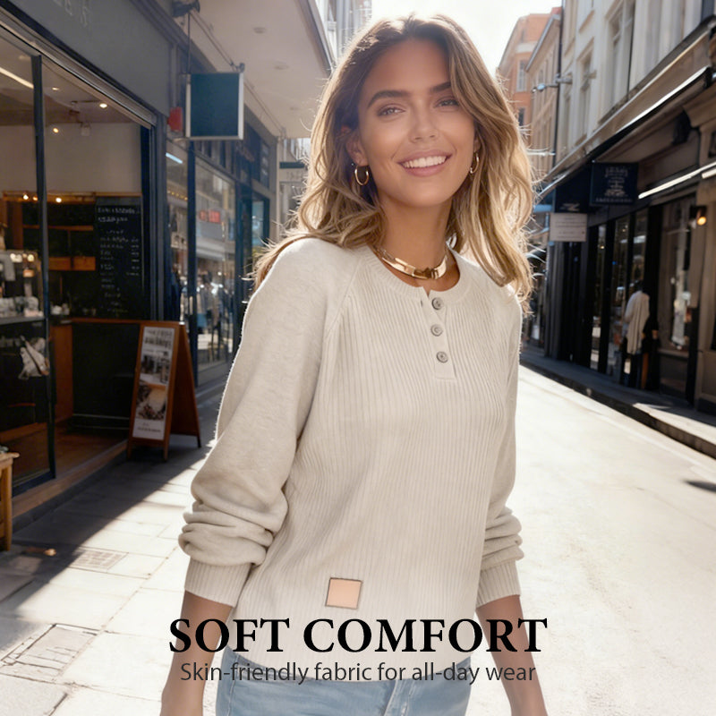 Women’s Comfortable Ribbed Sweater: Half-Buttoned Placket Design