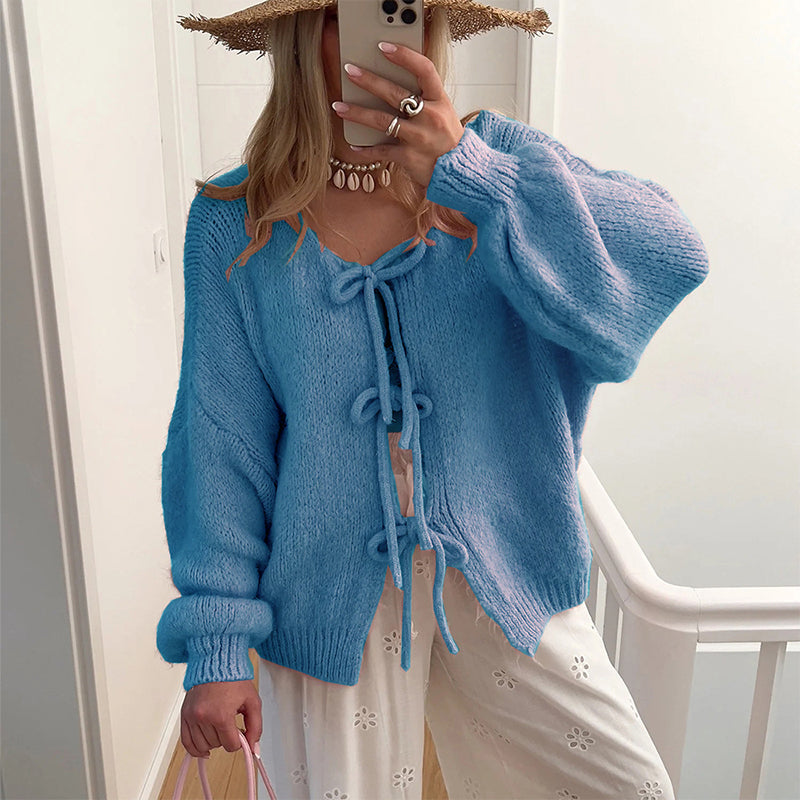 💖 Women's Tie Front Knit Sweater – Soft Merino Wool & Cotton Blend 🧶 Elegant Long Sleeve Top for Home, Work & Casual Wear