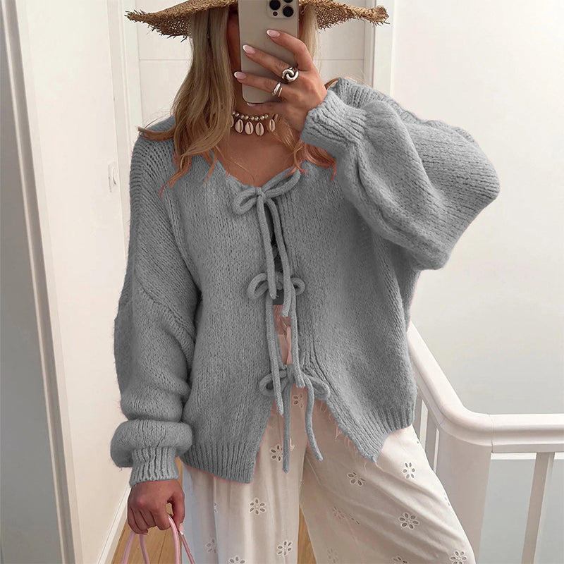 💖 Women's Tie Front Knit Sweater – Soft Merino Wool & Cotton Blend 🧶 Elegant Long Sleeve Top for Home, Work & Casual Wear