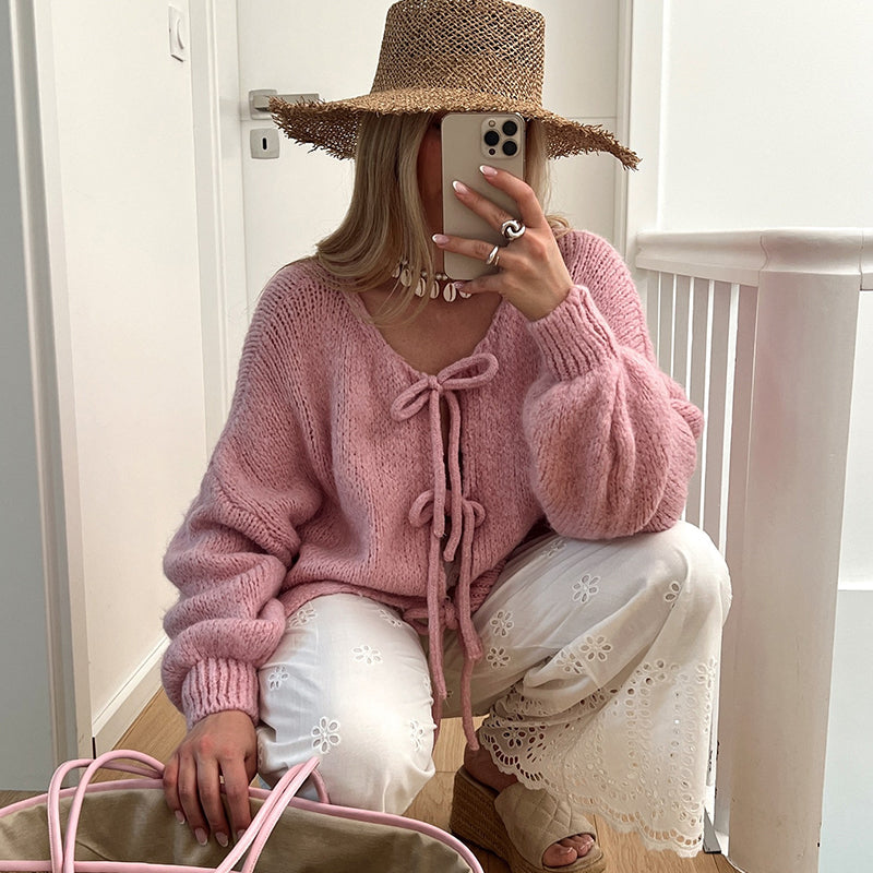 💖 Women's Tie Front Knit Sweater – Soft Merino Wool & Cotton Blend 🧶 Elegant Long Sleeve Top for Home, Work & Casual Wear