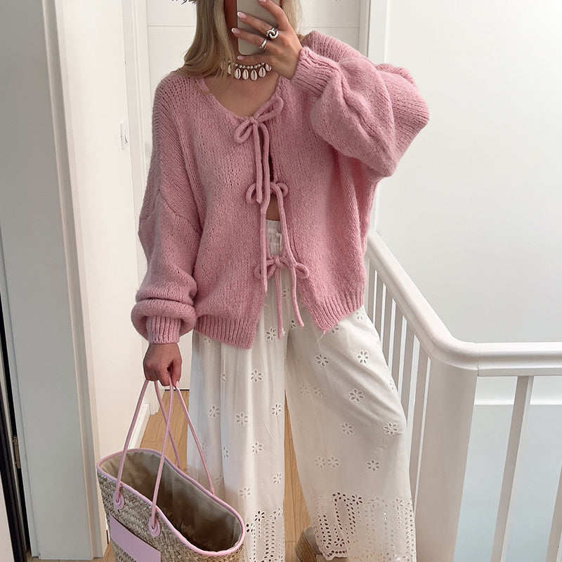 💖 Women's Tie Front Knit Sweater – Soft Merino Wool & Cotton Blend 🧶 Elegant Long Sleeve Top for Home, Work & Casual Wear