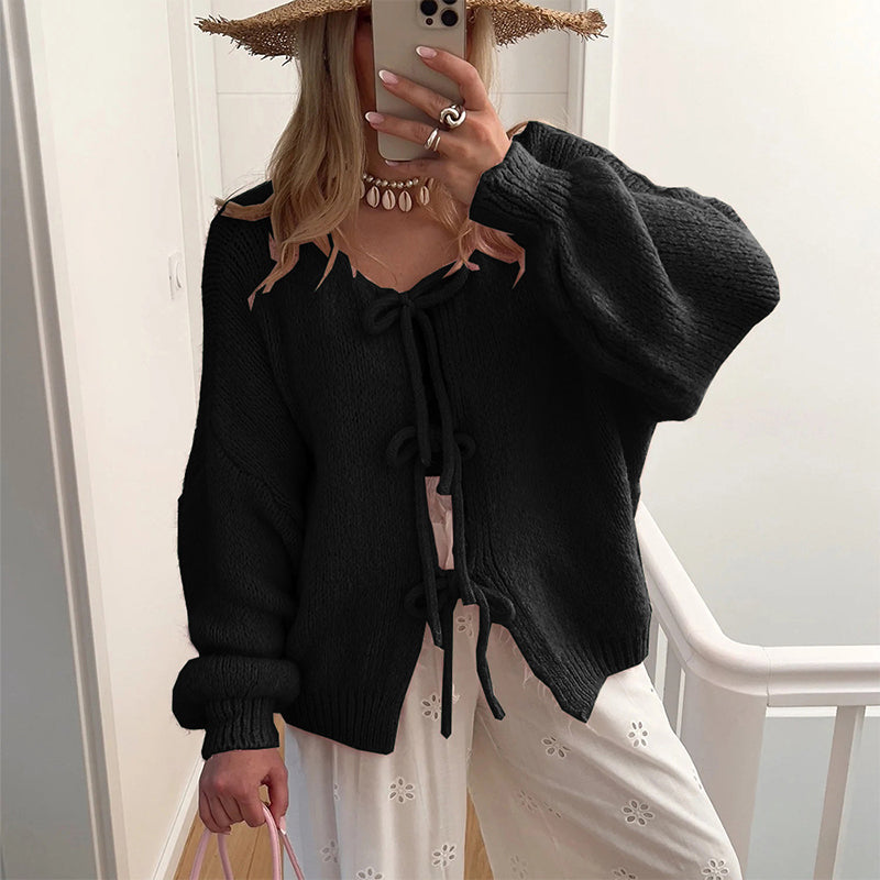 💖 Women's Tie Front Knit Sweater – Soft Merino Wool & Cotton Blend 🧶 Elegant Long Sleeve Top for Home, Work & Casual Wear