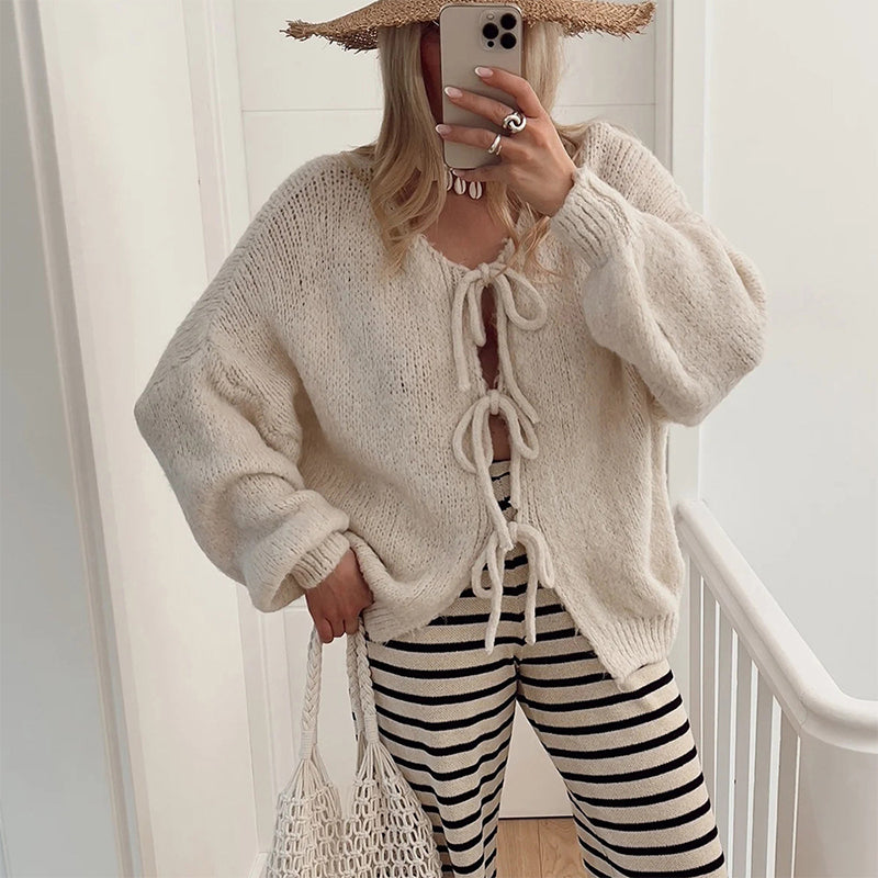 💖 Women's Tie Front Knit Sweater – Soft Merino Wool & Cotton Blend 🧶 Elegant Long Sleeve Top for Home, Work & Casual Wear