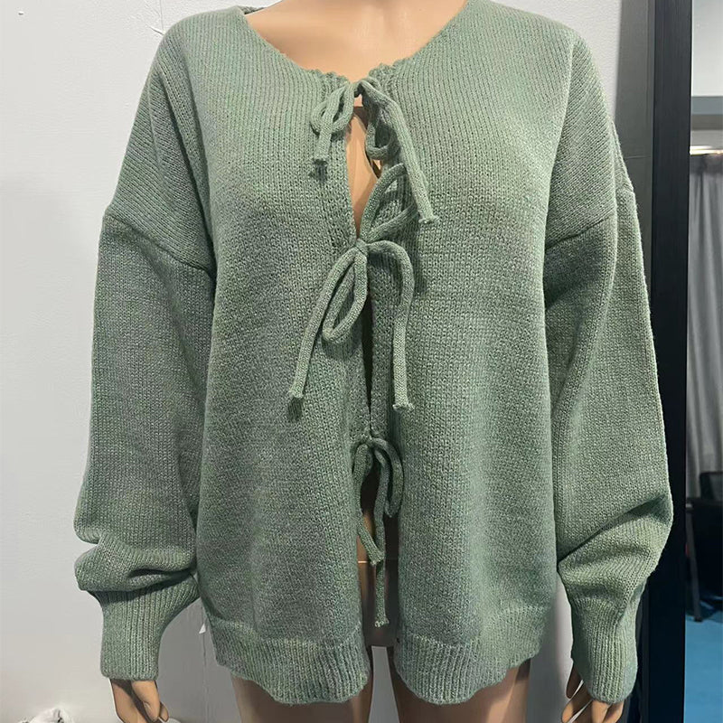 💖 Women's Tie Front Knit Sweater – Soft Merino Wool & Cotton Blend 🧶 Elegant Long Sleeve Top for Home, Work & Casual Wear