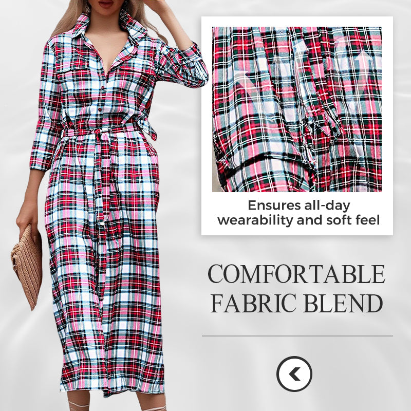 🧵 Women’s Plaid Belted Shirt Dress – Classic Button-Down Long Sleeve Dress