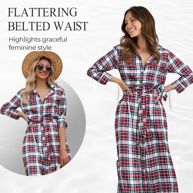 🧵 Women’s Plaid Belted Shirt Dress – Classic Button-Down Long Sleeve Dress