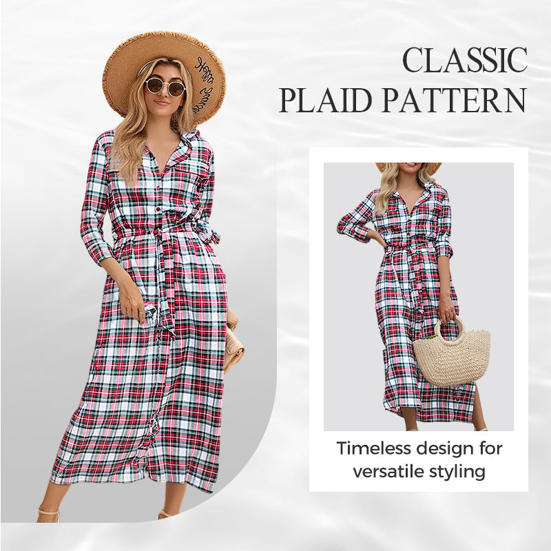 🧵 Women’s Plaid Belted Shirt Dress – Classic Button-Down Long Sleeve Dress