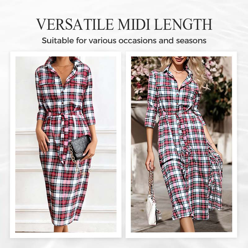🧵 Women’s Plaid Belted Shirt Dress – Classic Button-Down Long Sleeve Dress
