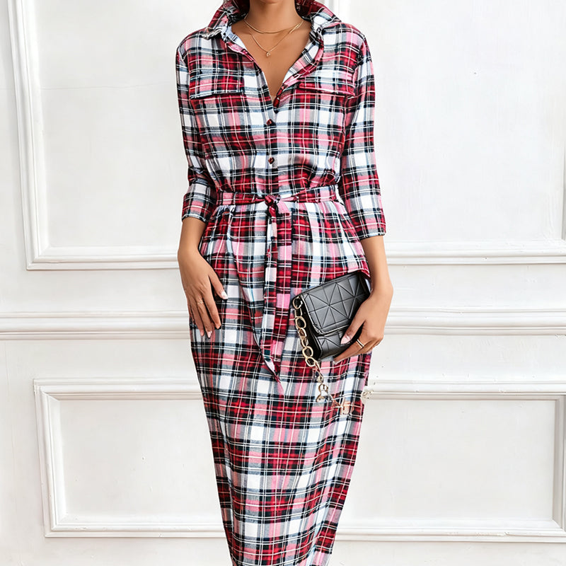 🧵 Women’s Plaid Belted Shirt Dress – Classic Button-Down Long Sleeve Dress