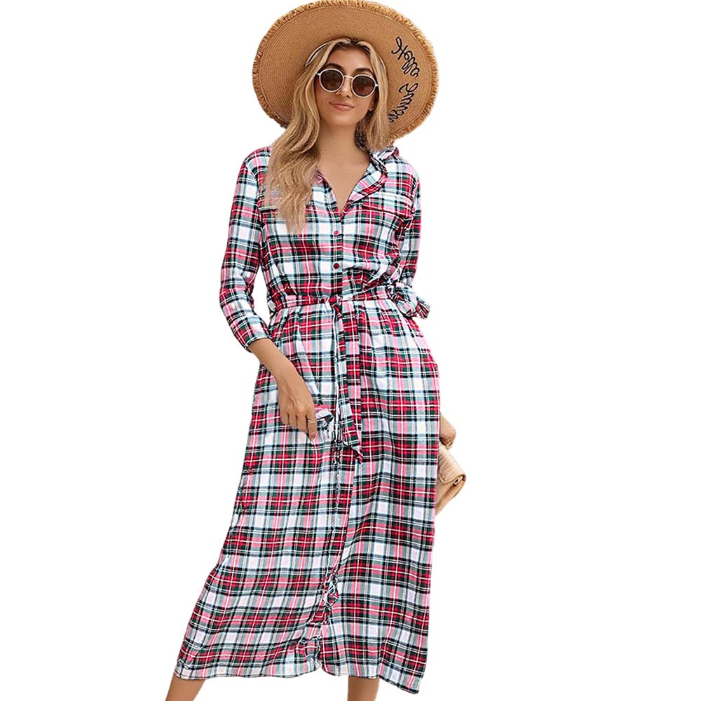 🧵 Women’s Plaid Belted Shirt Dress – Classic Button-Down Long Sleeve Dress