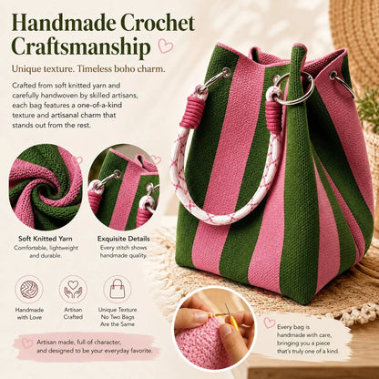 🔥LIMITED TIME SPECIAL PRICE £7.99!👜 Boho Striped Knit Women’s Bucket Handbag | Hand‑Made Autumn Casual Shoulder Bag