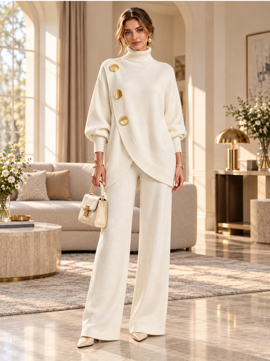 ✨ Women's Elegant Turtleneck Sweater & Wide-Leg Pants Set