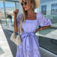 🌷Limited Sale 50% OFF🍃Women’s Trendy Patchwork Tie Waist Square Neck Long Dress