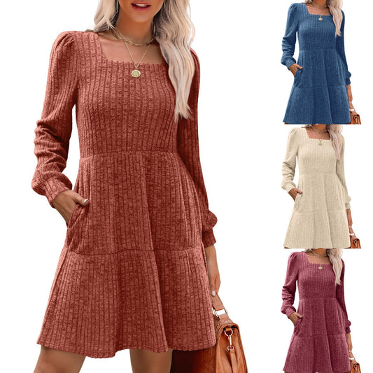 🔥👗【S-XL】2025 Autumn Women's Soft Ribbed Square Neck Dress | Lantern Sleeves for Timeless Autumnal Elegance!🍁