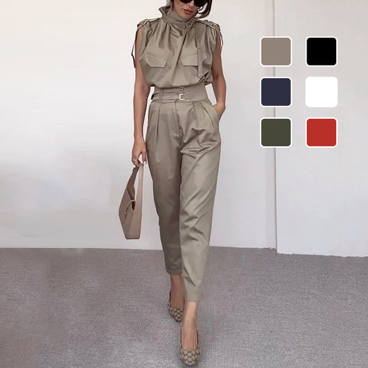 Fashion High Collar Sleeveless Waist Cinching Jumpsuit