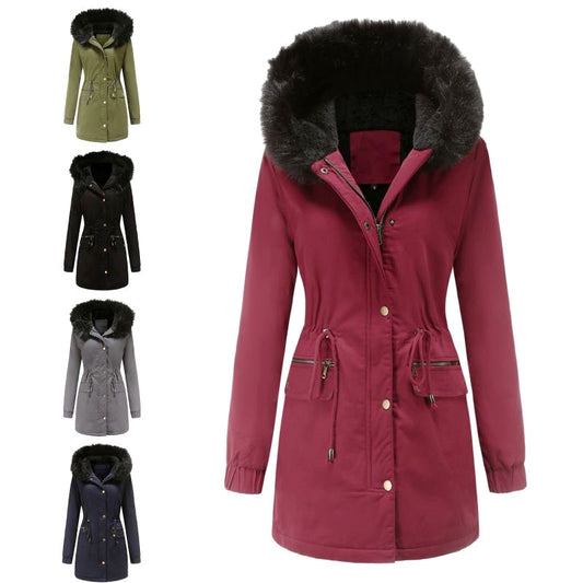 Women's Mid-Length Hooded Coat with Faux Fur Collar