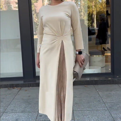 ⏳Time-limited 50% OFF⏰Round Neck Waist Ruched Hem Long Sleeve Dress