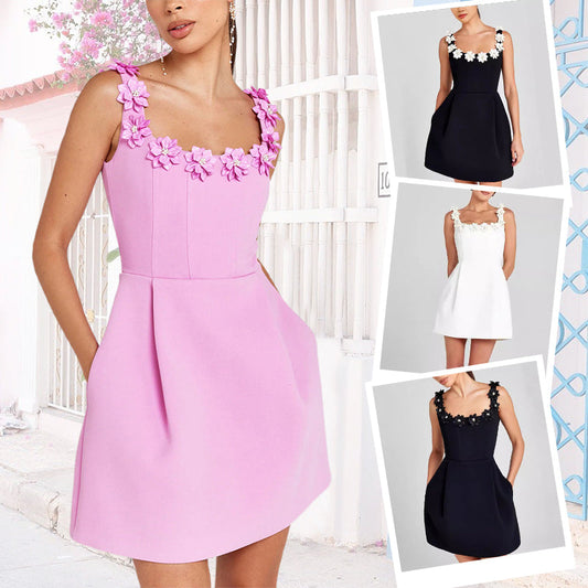 Women's Elegant Floral Square Neck Pocket Dress