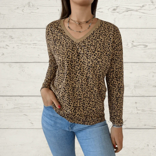 Stylish V-Neck Leopard Print Long Sleeve Top
