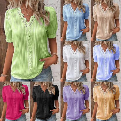 🩷Available in 10 colors❗💥V-Neck Plain Lace Elegant Shirt