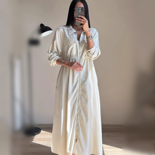 🔥Best Seller🔥Long-Sleeve Zip-Up Dress with Waist Cinching