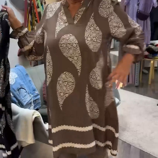 Women's Retro Printed Long-Sleeve V-Neck Dress
