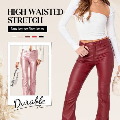 🔥Limited-time offer-High-Waisted Stretch Faux Leather Flare Jeans