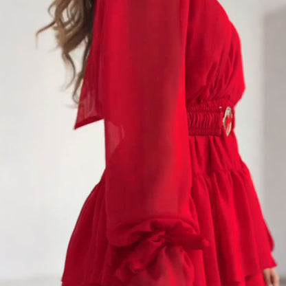 Women's Fashion Long Sleeve V-Neck Mini Dress