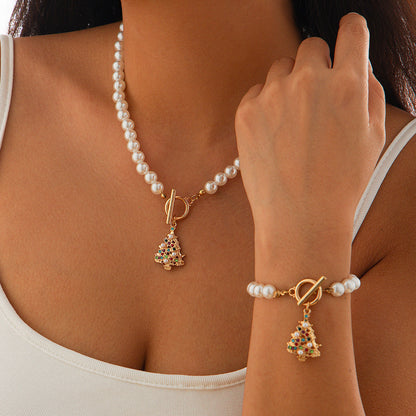 Pearl Necklace And Bracelet Set With Cherry Charm