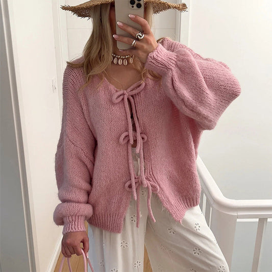 💖 Women's Tie Front Knit Sweater – Soft Merino Wool & Cotton Blend 🧶 Elegant Long Sleeve Top for Home, Work & Casual Wear