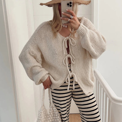 💖 Women's Tie Front Knit Sweater – Soft Merino Wool & Cotton Blend 🧶 Elegant Long Sleeve Top for Home, Work & Casual Wear
